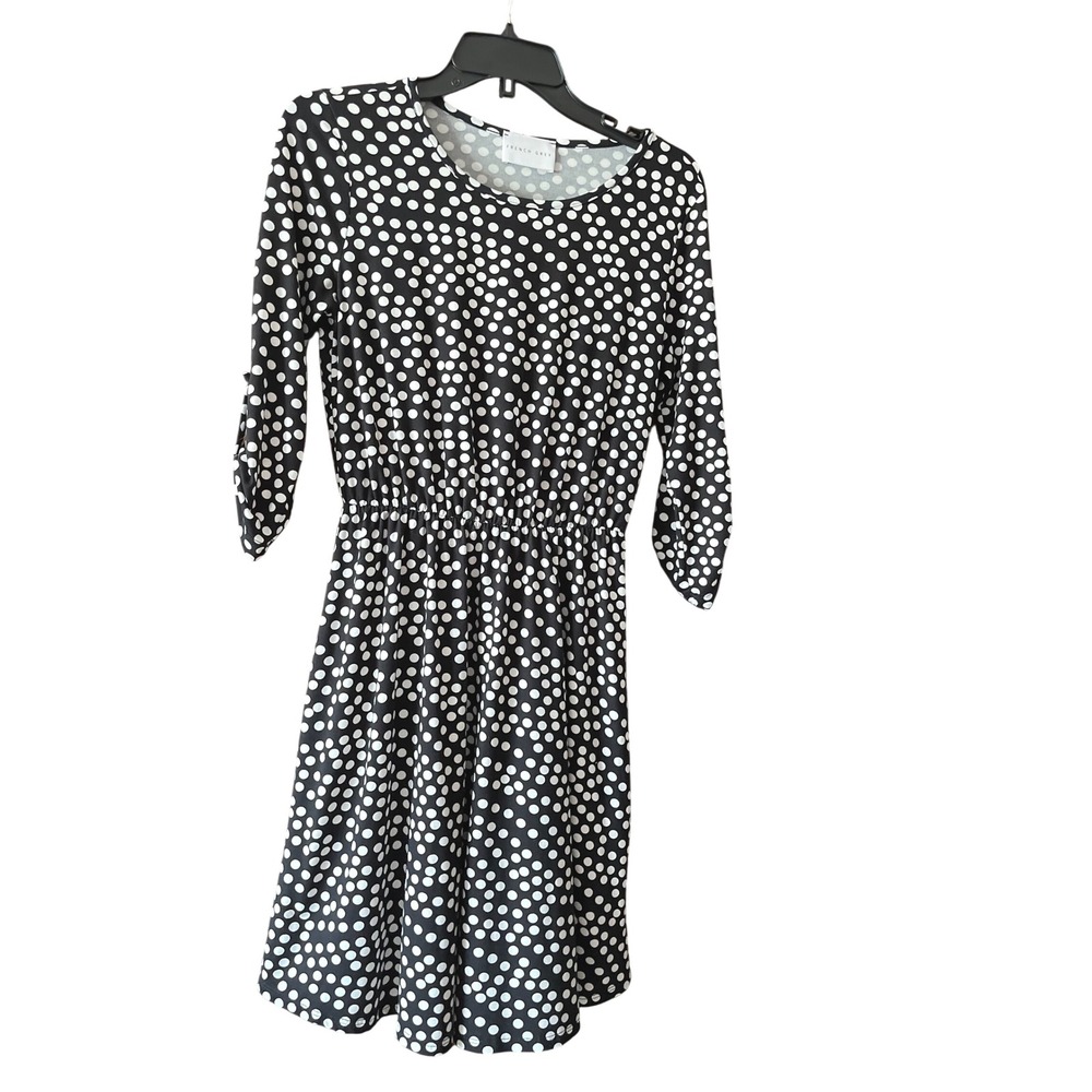 French Grey Black White Polka Dot 3/4 Sleeve Midi Dress Womens Size S‎